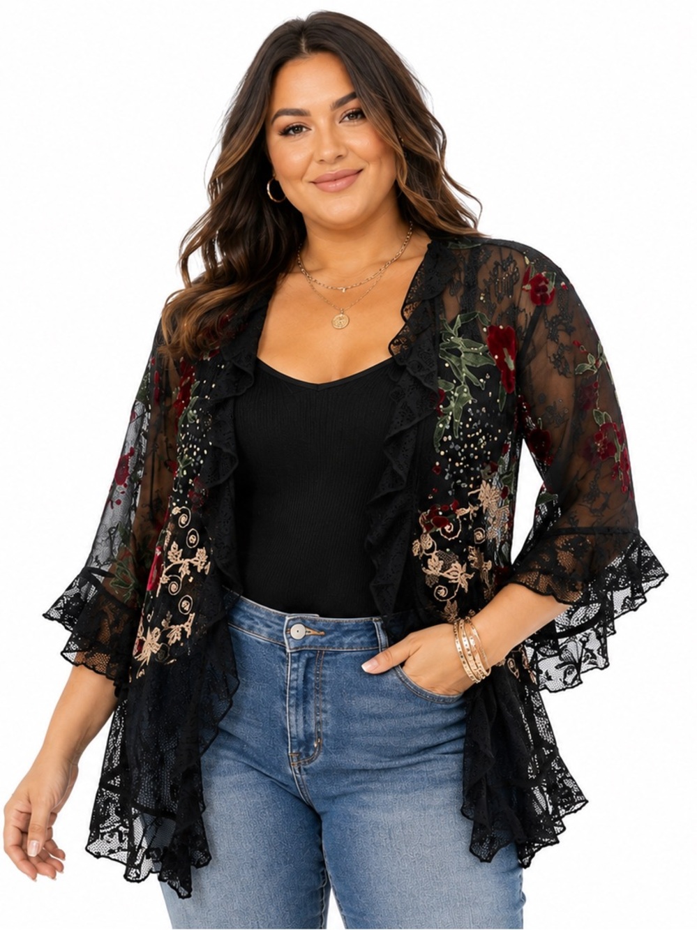 Vintage Spencer Alexis Velvet Burnout Floral Mesh Lace Ruffle Cardigan Y2K 3X